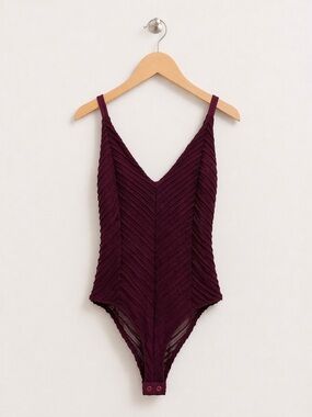 Bershka Burgundy Sheer Ruched Bodysuit V-Neck Sexy Going Out Stretch Fitted S